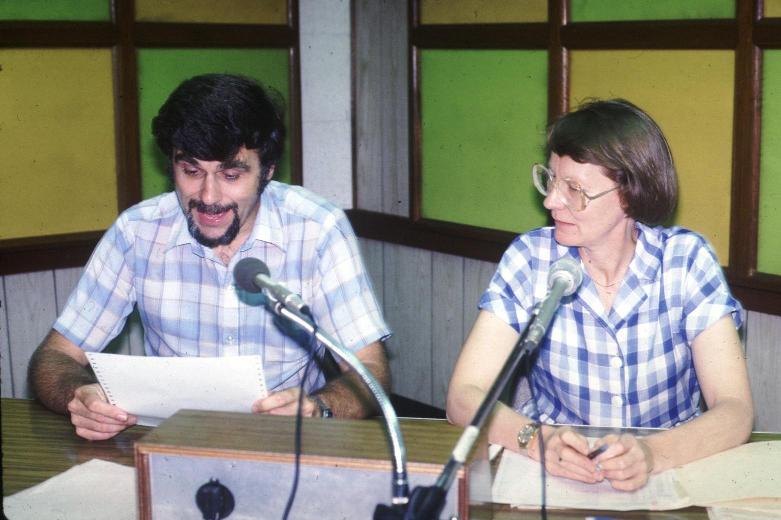 Frank and Anne Norris read the overseas English morning news