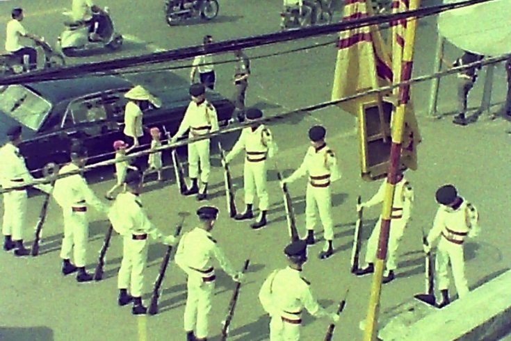 Military guard outside Tin Lanh church in January 1975