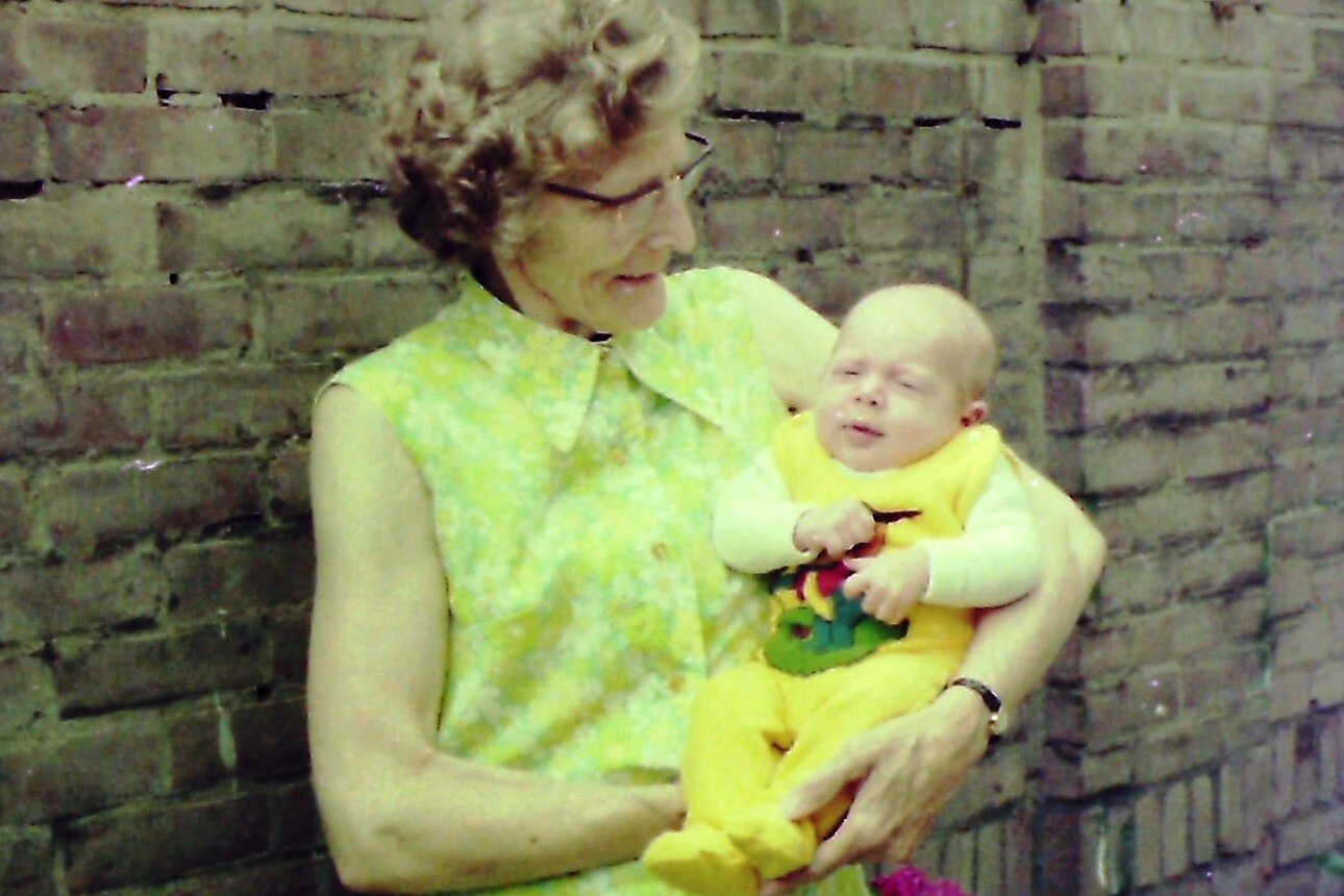 Hennie's mother, Wubbegiena, holding baby Malcolm in Eindhoven July 1975