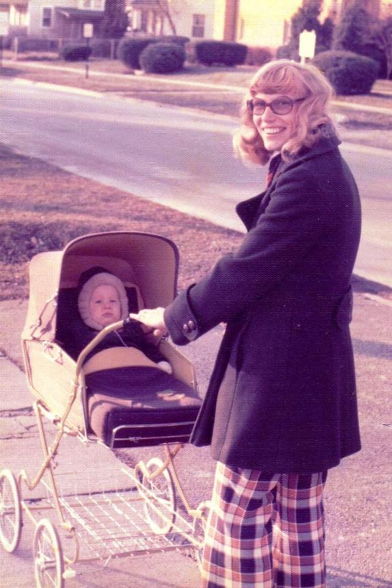 Hennie takes Malcolm out for a walk as we get settled in Wheaton, October 1975